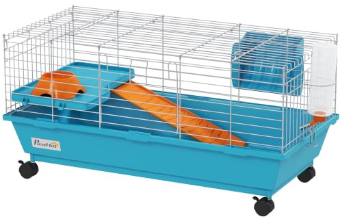 PawHut Small Animal Cage Rabbit Guinea Pigs w/Wheels 89x44x43 cm Blue | Chinchillas Cage, Water Bottle, Food Dish, Platform, Ramp
