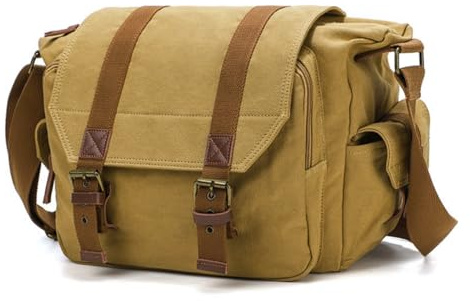 DremFreo Vintage canvas fotoväska för spegelfri SLR och bärbar dator 13 tum Messenger med utdragbar vadderad väska 34 x 13 x 27 cm #507
