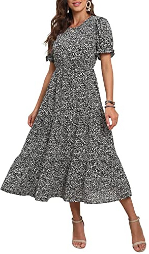 GRECERELLE Womens Summer Midi Dress Floral Print Boho Dress Ruffle Puff Sleeve High Waist A-Line Casual Boho Cocktail Holiday Beach Long Dress for Ladies (FP Floret Black, L)