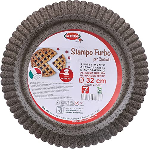Graziano, Stampo Furbo per Crostata, Realizzato in Acciaio al Carbonio e Dotato di Rivestimento Antiaderente, Ideale per Realizzare Crostate Dolci e Salate, Colore Nero, ø 32 cm