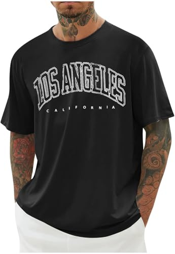 UHouse T-Shirts für Herren Oversized Sommer Tshirt Los Angeles Oberteile Loose Fit T Shirt Männer Casual Mode Motiv Bekleidung Junge Tee Shirts Streetwear Baumwolle Tops Schwarz 3XL