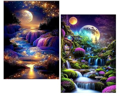 TAIXING 2 Pezzi Diamond-Painting, 5D DIY Diamond-Painting Kit Completo, Vista Notturna Sul Mare Diamond-Painting Adulti per Soggiorno Camera da Letto Regali per Decorazioni da Parete per La Casa