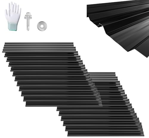 Froadp Set di 24 lastre per tetto trapezoidali, 129,5 x 45 cm, 14 m², piastre in lamiera ondulata zincata, per tettoia auto, con viti e guanti, colore: nero