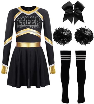 Jowowha Mädchen Cheer Leader Cheerleading Kostüm Langarm Cheer Kleid mit Pompoms Socken Haarband Halloween Karneval Fasching Tanzkleid Schwarz 122-128