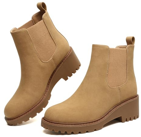 Maxome Women's Wedge Ankle Booties Casual Slip on Chunky Lug Sole Chelsea Boots Khaki