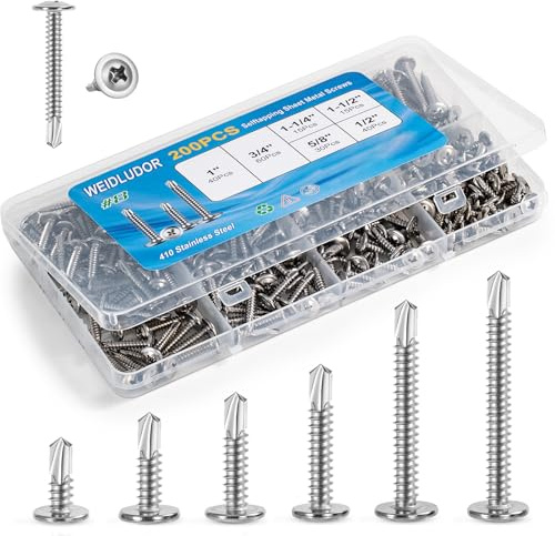 200PCS Sheet Metal Self-Drilling Screws Assortment Kit - #8 Truss Head Stainless Steel Self-Tapping Screws, 6 Sizes (1/2 to 1-1/2) for Sheet Metal, Auto & Roofing