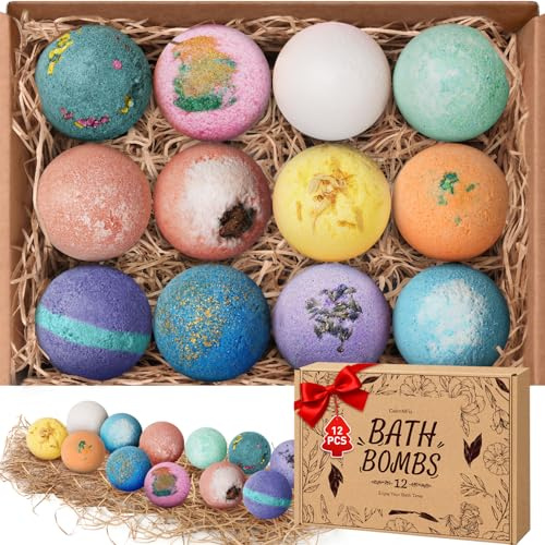 CalmNfiz Bath Bombs for Women, 12 PCS Bath Set, Natural Bubble Bathbombs with Shea Butter, Dry Skin Moisturizing, Present for Christmas, Birthday, Valentine’s Day for Mom, Wife, Her, Girls