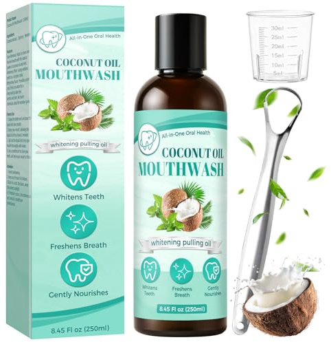 Coconut Oil Mouthwash, Alcohol-Free Natural Oil Pulling Rinse, Gentle Mint Fresh Breath Care, Vegan and Enamel-Safe Daily Mouth Rinse, Teeth Whitening Mouthwash（250ml）