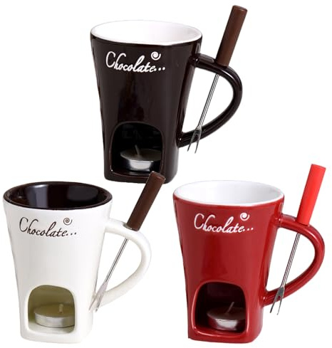 Generico 3set Tazzaa Fonduta Cioccolato con Forchetta, 200 Ml Tazzaa Dolce con Candela Riscaldata, Ceramica/Acciaio Inossidabile, Lavabile in Lavastoviglie, Confezione Regalo