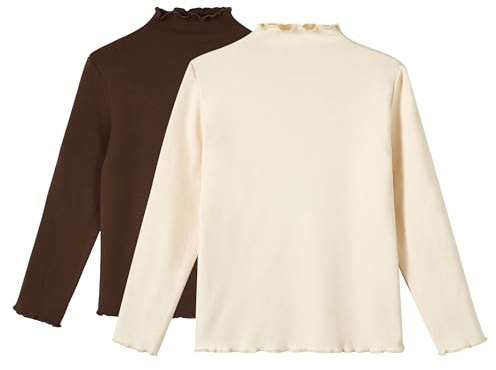 Miipat Camiseta de Manga Larga para Niña con Cuello Alto Pack de 2, Básica y Suave Camisas Interior Térmicas Slim Fit Tops Informal Blusas(Marrón Beige, 6-7 Años)
