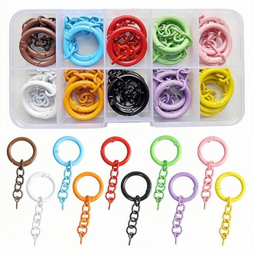 Fubuuf 30 Pezzi Scatto Molla Portachiavi con Catena e Viti a Occhiello, 10 Colori Anelli a Molla Tondi in Metallo con Scatola Organizzatrice Trasparente per Decorazione Borse Fai da Te Artigianato