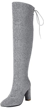 Genérico Mujer Punta Puntiaguda Botas Altas De hasta El Muslo Tacón Grueso Alto Botas Encima De Rodillas Cordones Zapatos De Fiesta De Graduación con Cremallera,Plata,43 EU