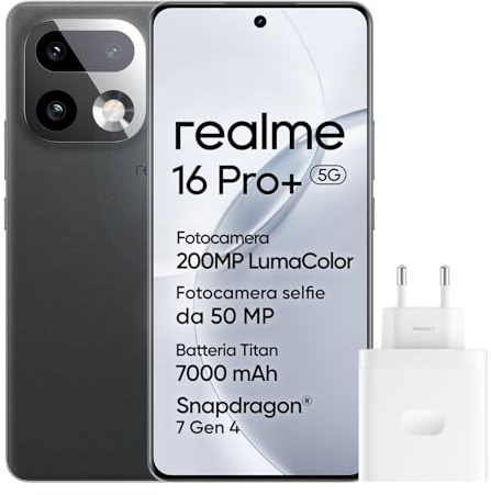 realme 16 Pro+ 5G Smartphone, 8Go+256Go, Écran Curved AMOLED 144Hz 6,8, Batterie 7000mAh, Caméra 200MP OIS, IP69K, Charge Rapide 80W, Double SIM, Next AI, Gris (avec Adaptateur)