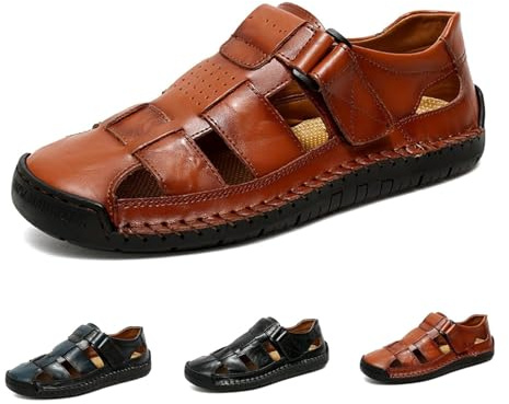 POIOZXD Sandalias de cuero con puntera cerrada para hombre, sandalias ortopédicas de verano para hombre, transpirables, cosidas a mano, zapatos de pescador de cuero para caminar, senderismo, playa