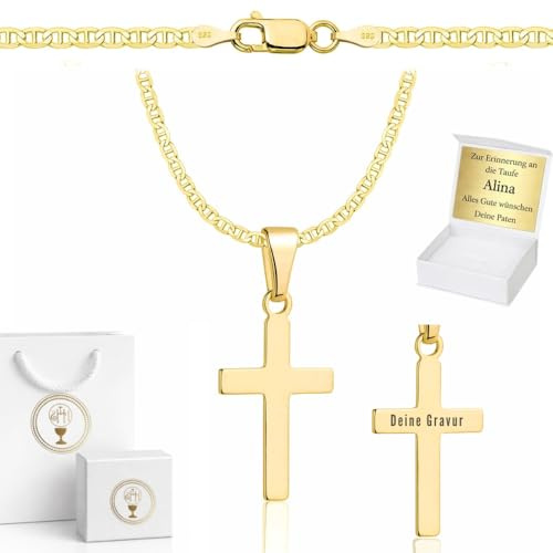 ZELYA - Cadena de oro con cruz y medallón, chapado en oro 925/585 de 14 quilates, cadena gourmet, para niñas y niños, cadena de comunión con cruz, cadena infantil para comunión y bautismo, 45 cm