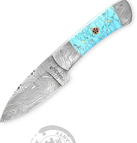 Perkin Damaskkniv jaktkniv handgjord damast jaktkniv 19,3 cm – turkost handtag