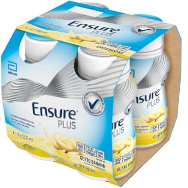 Ensure Plus Supplemento Nutrizionale Ipercalorico con Proteine, privo di Fibre |Formato bevanda| Alimento a fini medici speciali completo e bilanciato | Confezione 4x200ml Gusto Banana