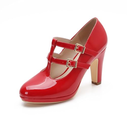 MACKIN J G574-1 Women's Mary Jane Vintage Heels Chunky Platform T-Strap Dress Pumps Red Size: 8 UK