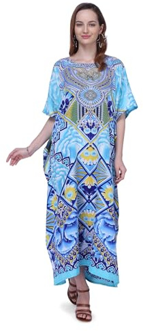 Miss Lavish London Kaftan Tunika in Übergröße, Maxikleid, Nachtwäsche, verziert Gr. 46-50, 132-blau Ferien Geschenke Neu Jahre Geschenk