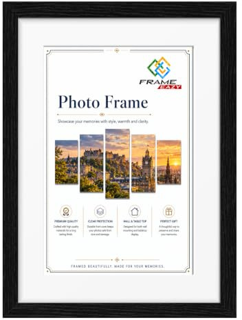 FRAME EAZY A1 Black Wooden Picture Frames With A2 White Mount | Precision-Cut White Mount Board with Engineered MDF & Clear Perspex, Ideal for Wall Art, Certificates, Prints & Home Décor