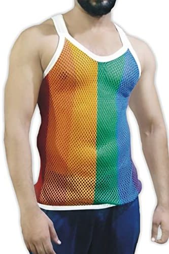Mesh Marina Reggae Rainbow Mens Vest Fishnet Shirt Fitted Striped Sports Tank Top LGBT Gay Parade Flag Muscles