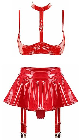 ranrann Ensemble Femme Sexy Haut et Jupe Wetlook Cuir Verni Mini Robe Courte Erotique Dos Nu Bodycon Robe Moulant Effet Mouillé Costume de Soirée Cocktail Clubwear S-XXL Type I Rouge M