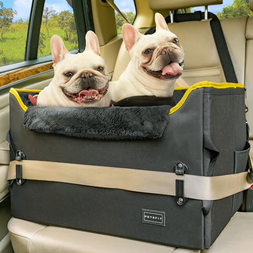 Petsfit Hund Autositz für kleine/mittlere Hunde, Stabiler Sicherer Hundesitz Auto rückbank mit 2 Sicherheitsgurte & -Schnalle, Sitzerhöhung Hundekorb Hundebett Auto für 2 kleine Hunde