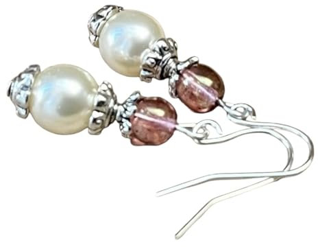 Vintage Ohrringe mit böhmischen Glasperlen/Glaswachsperlen - creme weiß, ivory, rosa & silber