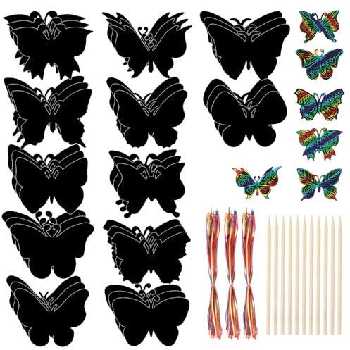 simarro 36 Stück Schmetterling Kratzpapier Set, Basteln Schmetterling Kunst Kratzbilder für Kinder, Tier Kratzbilder Kinder DIY Magie Scratch Papier für Mädchen Junge Spiel Geschenk Party Zubehör