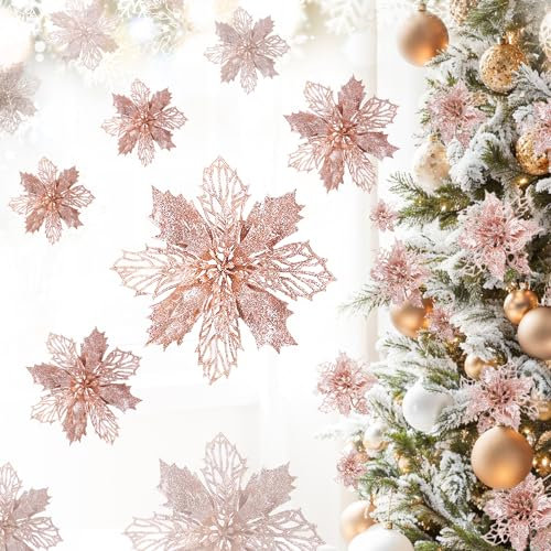 Gwhole Fiori per Albero di Natale Oro Rosa Champagne 21 pz 3 Taglie Decorazioni Albero di Natale Stelle di Natale Pink Addobbi Ornamenti Natalizi per Albero per Casa Interno Ghirlanda