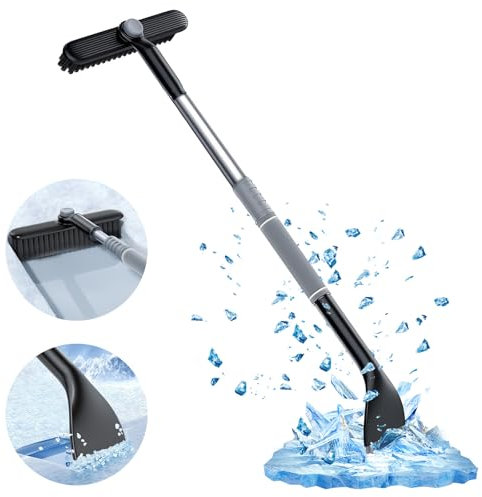 autozen Eiskratzer Auto, 3in1 Schneebürste 360° Drehbar 86cm Länge Einziehbare Auto Eiskratzer mit Schaumstoffgriff, grau+schwarz