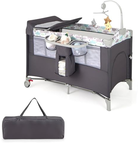 COSTWAY 5 in 1 Travel Cot, Folding Baby Playard with Bassinet, Mattress, Music Box, Hanging Toys, Storage Rack and Carry Bag, Lightweight Crib Suitable from Birth to 15kg (Grey)