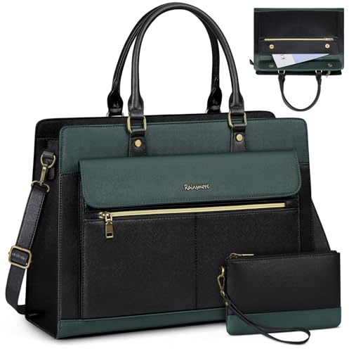 RAINSMORE Laptop Bags Handbags for Women 15.6 Inch PU Leather Large Tote Bag Work Bag with Clutch Bag Designer Women's Bags Ladies Laptop Handbag for School Green
