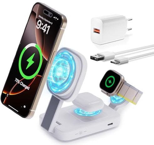 COCIVIVRE 3 in 1 Faltbar Magsafe Ladestation kompatibel mit iPhone 17 Pro Max/17/16/15/14/13 Ladestation für Apple Watch und iPhone Kabelloses Ladegerät für Apple Watch 11/10/9/8/7/AirPods Pro/4/3/2