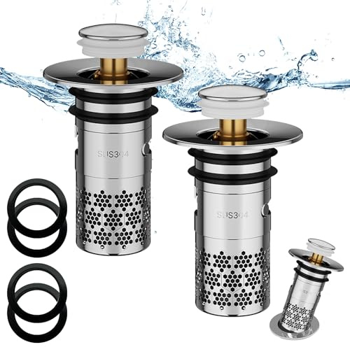 2 stycken Pop-Up Sink Plug, universal popup proppar tvättställ, rostfritt stål Tvättställsproppar, Dräneringsplugg, handfatsproppar, Nätpåse med filterkorg, för Badrumshandfat, badkar(34–40 mm)-Silver
