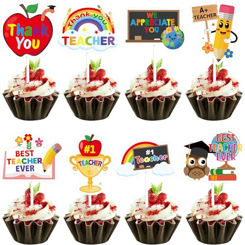 WorldBazaar Teacher Appreciation Cupcake Toppers 24 PCS Thank You Cupcake Toppers Teacher Appreciation Graduation Birthday Party Decorations