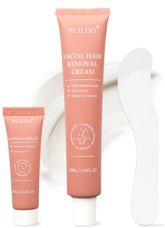 Facial Hair Removal Cream Kit for Women Face – Depilatory & Soothing Cream, 4 Min Painless & Flawless Lip Chin Hair Remover, Gentle for Sensitive Skin Hair Removal (1.69 + 0.34 FL Oz)