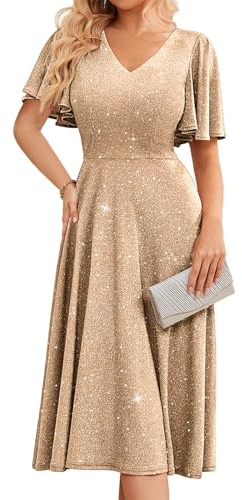 Bridesmay Sparkly Sequin Cocktail Dresses for Wedding Guest Ruffle Sleeve A-Line Tea Party Dress Glitter Champagne M