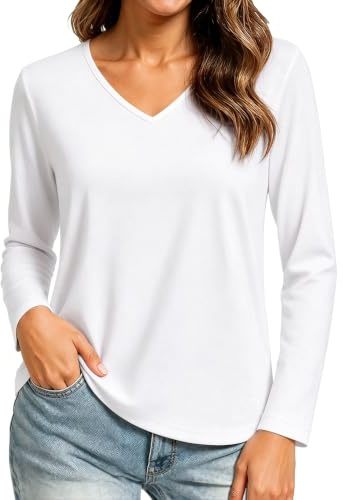 Wayleb Camiseta Manga Larga Mujer Elegante Básico Top T-Shirt Cuello en V Elástico Ligero Sólido Casual Túnica Top para Otoño y Invierno, Blanco XL