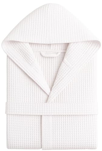 Peignoir Nid d'Abeille Femme et Peignoir Nid d'Abeille Homme en Coton avec Capuche Poches et Ceinture, Léger et pour Voyage S-XXXL, Blanc, L/XL