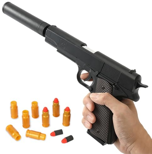 Festicy Pistola giocattolo per bambini e adulti, set con silenziatore, 8 manicotti e 10 cartucce, ideale come costume da mafia, carnevale, Halloween e feste a tema