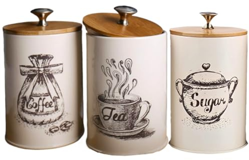 Juego de botes de café – Tarros de almacenamiento de madera de hierro de 170 g, recipiente hermético decorativo | Organización versátil de despensa para granos de café, té, azúcar, especias, elegante