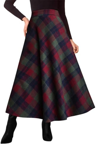 Minetom Jupe Longue Femme Hiver Élégant Carreaux Haute Taille Maxi Jupes en Laine A-Line Taille Élastique Skirt C Plaid L