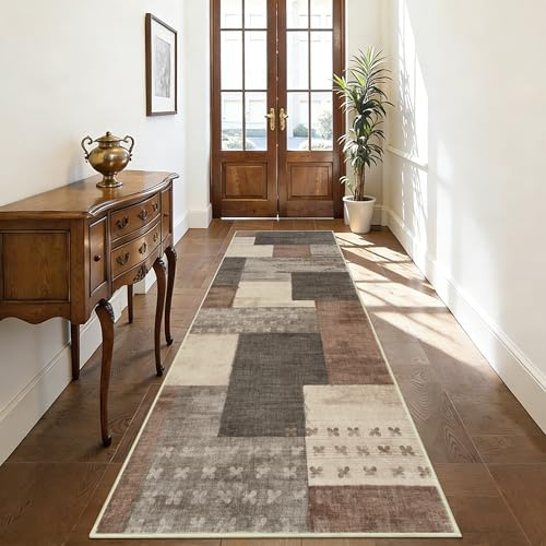 Edlbaegy Modern Runner Rugs for Hallway 65x180cm Beige Washable Carpet Runner Non-slip Kitchen Rug Geometric Patchwork Low Pile Floor Carpet for Entrance Laundry Bedroom