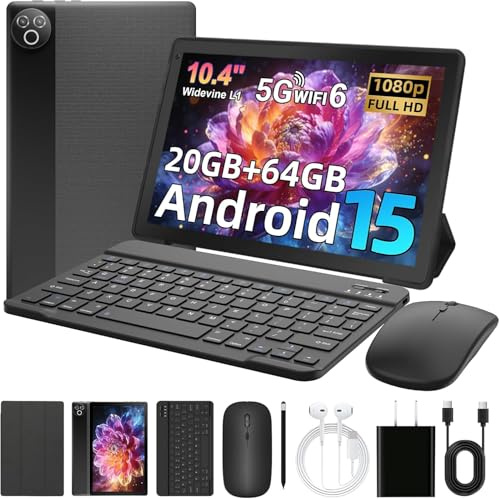 MUISOO Android 15 Tablet, 10.4 inch Tablet, Android Tablets with Keyboard Pen Case Mouse Earphone, 20GB RAM+64GB ROM (TF 1TB), 5000mAh, WiFi 6, BT5.4, Dual Cameras & Speakers, Black