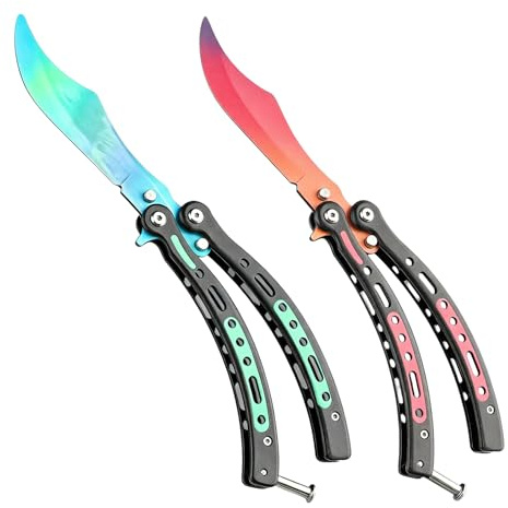 Vetolaka - Juego de 2 cuchillos de mariposa de entrenamiento, cuchillo de mariposa plegable, abrebotellas de acero inoxidable, hoja sin afilar, peine mariposa, herramienta multifunción, para