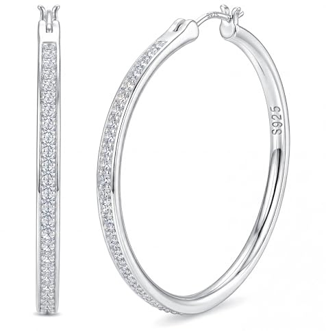 FANCH Sterling Silver Hoop Earrings for Women Girls Rhinestone Hoop Earring | Hypoallergenic 18K White Gold Plated 925 Silver Hoops Lightweight Sparkly Cubic Zirconia Medium Hoop Earrings 20/25/30/40mm