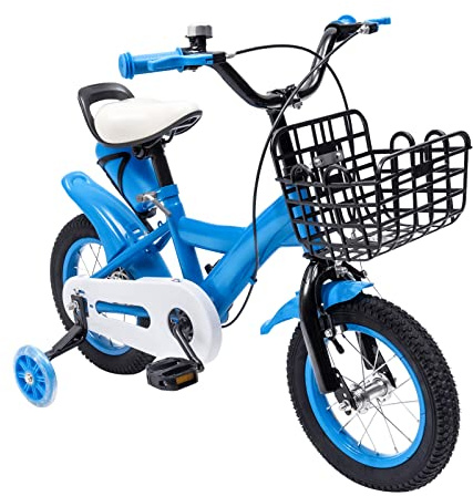 12 in Kid Bike for Girls & Boys, Blue Children's Bicycle for 2-4 Kids | Bike for Kids, Adjustable Seat, Storage Basket, Stabilisers, Kickstand, Handbrake, Coaster Brake, 80kg Bearing Capacity