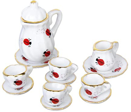 15 Uds 1/12 casa de muñecas vajilla en miniatura juego de té de porcelana plato taza plato estampado de mariquita mini juego de té juegos en miniatura mini taza accesorios para casa de muñecas