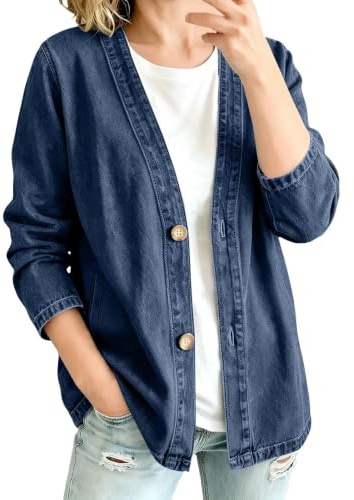 Generisk damkofta av denim – avslappnad skärning, lätt och avslappnad, med långa ärmar och knapplist; klassisk jeansjacka i cardigan-stil (Dark Blue,M)